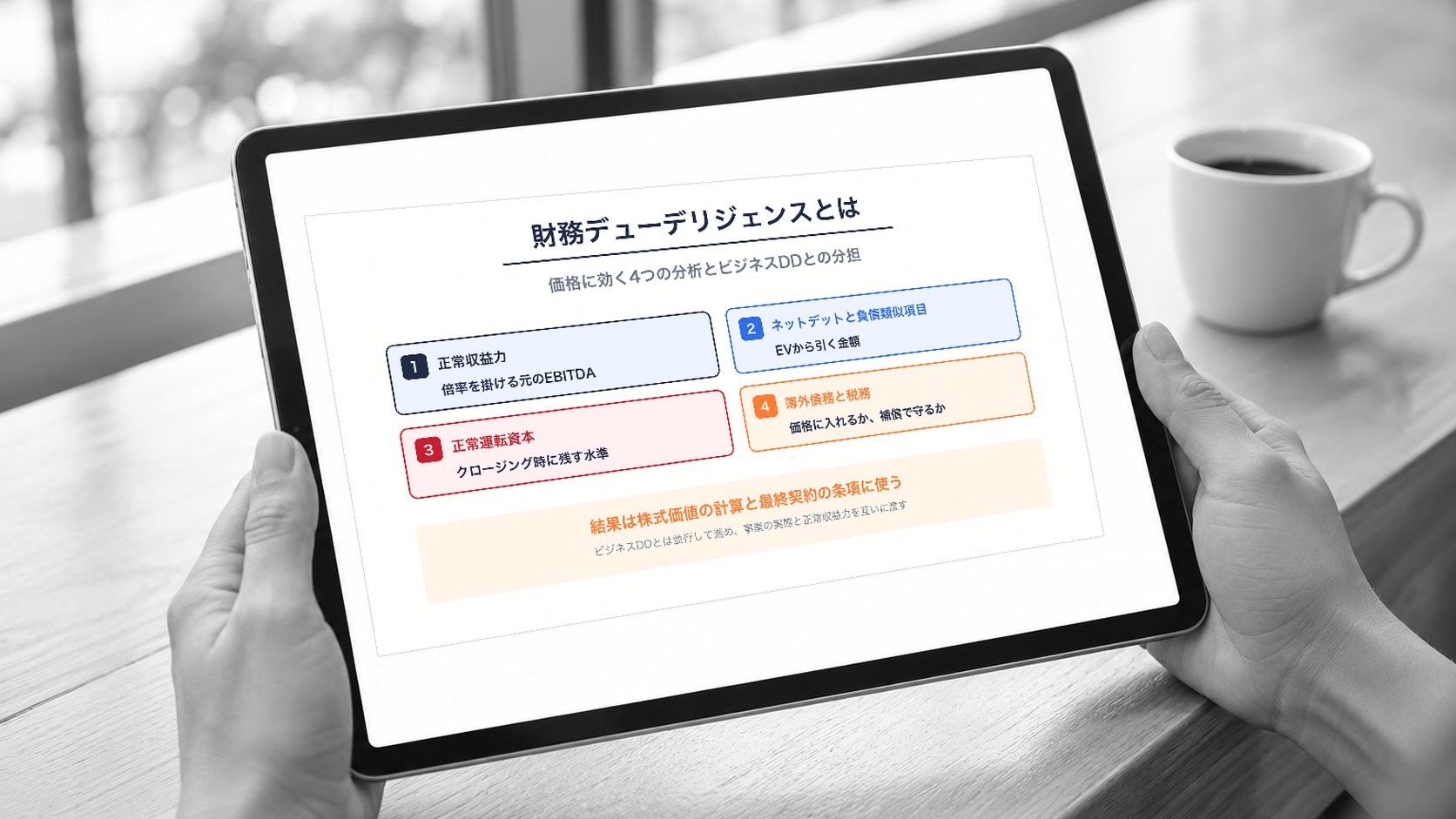 財務DDの4つの分析と、ビジネスDDとの分担を示すアイキャッチ